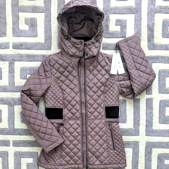 CALVIN KLEIN Performance Quilted Jacket WOMEN XS Zip Hood Lined Slim Taupe Brown - Picture 2 of 13